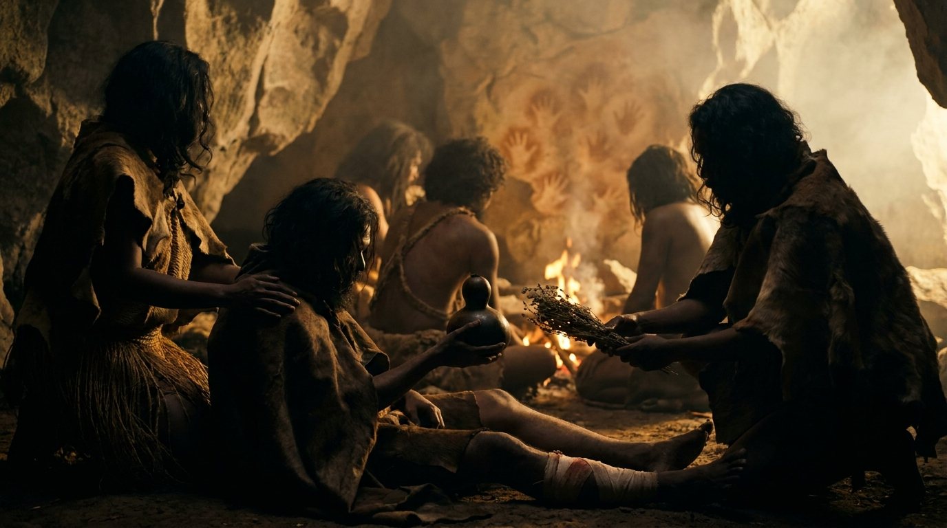 An imagined reconstruction of a Pleistocene community tending an injured child in a Borneo cave