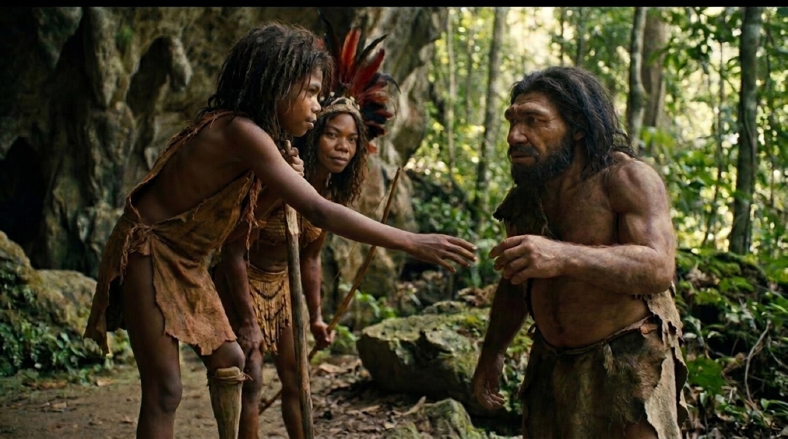 Tebo 1 reaches an open hand toward a wary Denisovan in the Borneo rainforest
