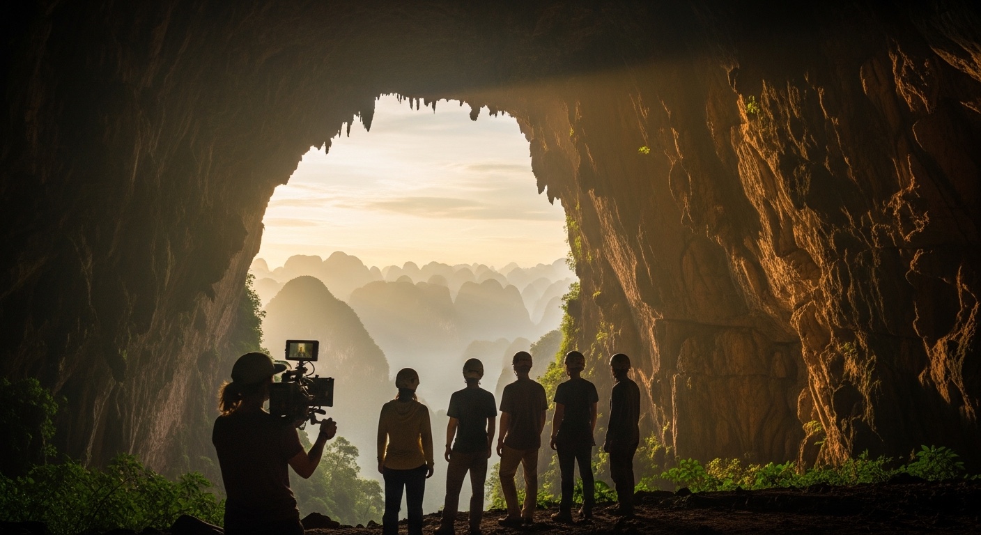 Behind the scenes: the expedition team reaches the vast mouth of Liang Tebo high in the Borneo karst at dawn, a cinematographer filming as they take in the endless sea of mist-wrapped peaks