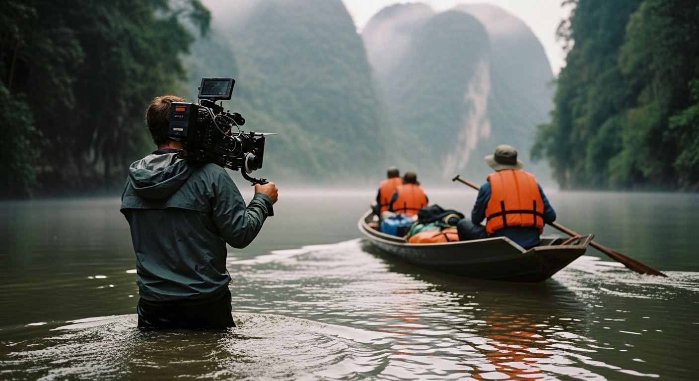Behind the scenes: a documentary cinematographer wades the misty river filming the expedition team poling a wooden longboat of gear upstream toward the karst cliffs at dawn
