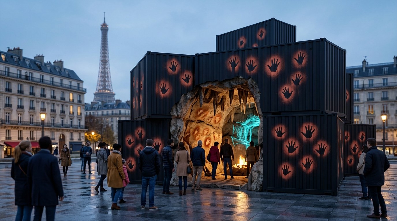 The traveling exhibition of stacked shipping containers glowing with ochre hand stencils, opening onto a reconstructed cave of stalactites and firelight, set on a Paris plaza with the Eiffel Tower beyond