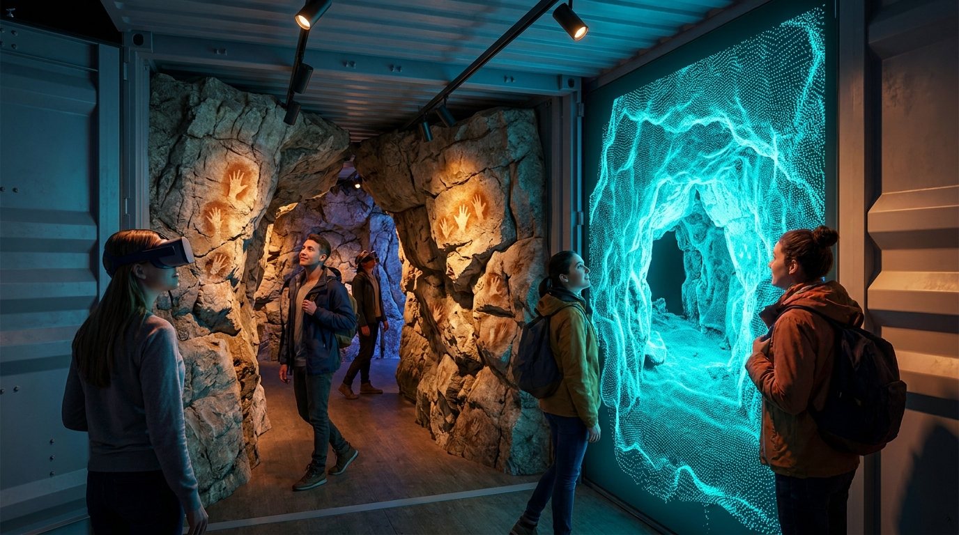 Inside the container: hand-sculpted foam cave walls with stencils, and a glowing LiDAR scan portal