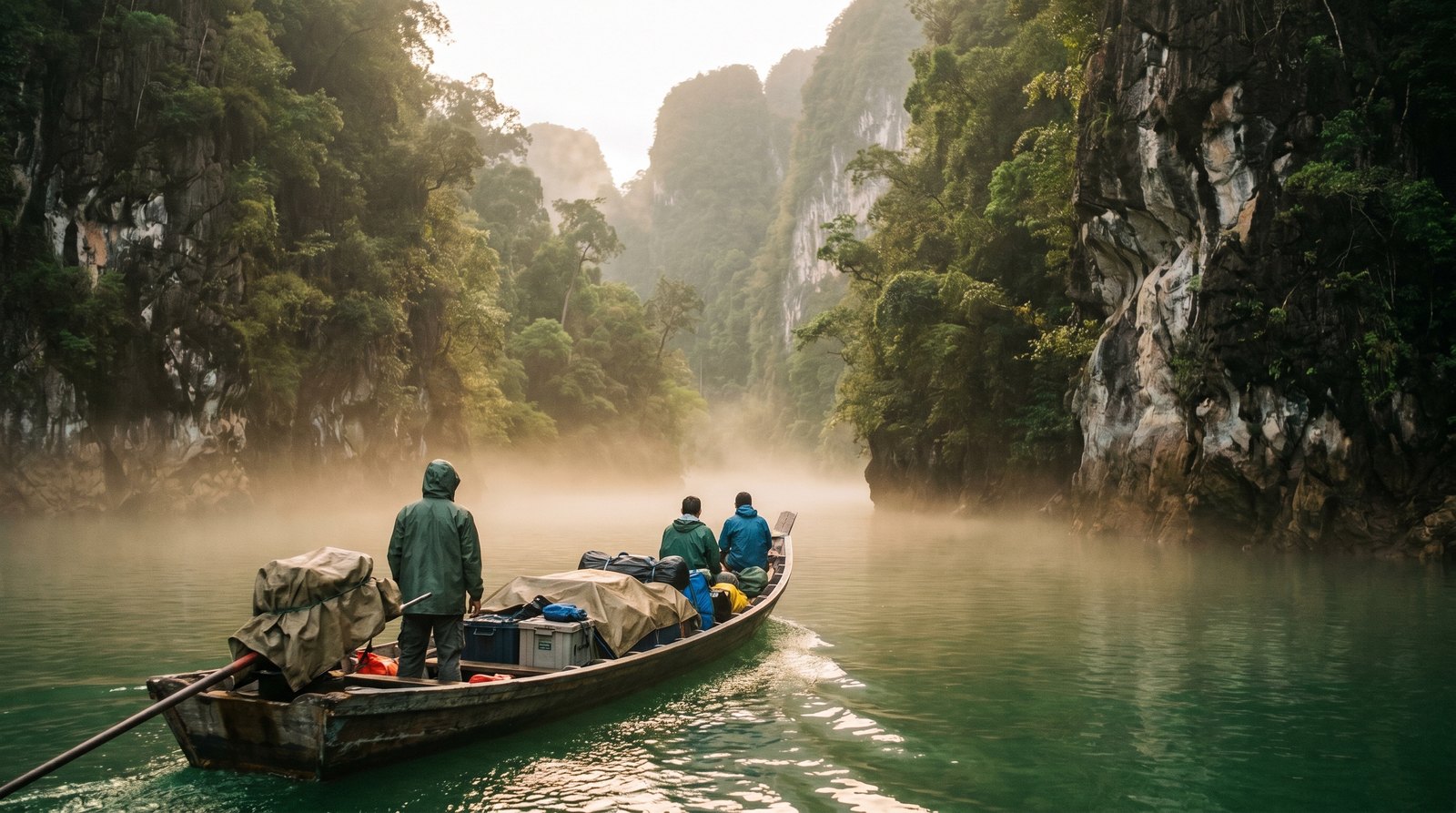A loaded expedition canoe moving up a misty jungle river between towering limestone karst cliffs