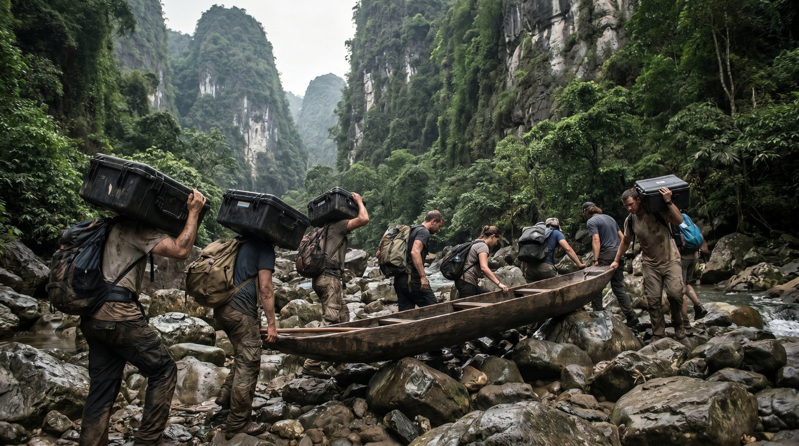 The expedition team portaging gear and a boat along a boulder-strewn jungle river