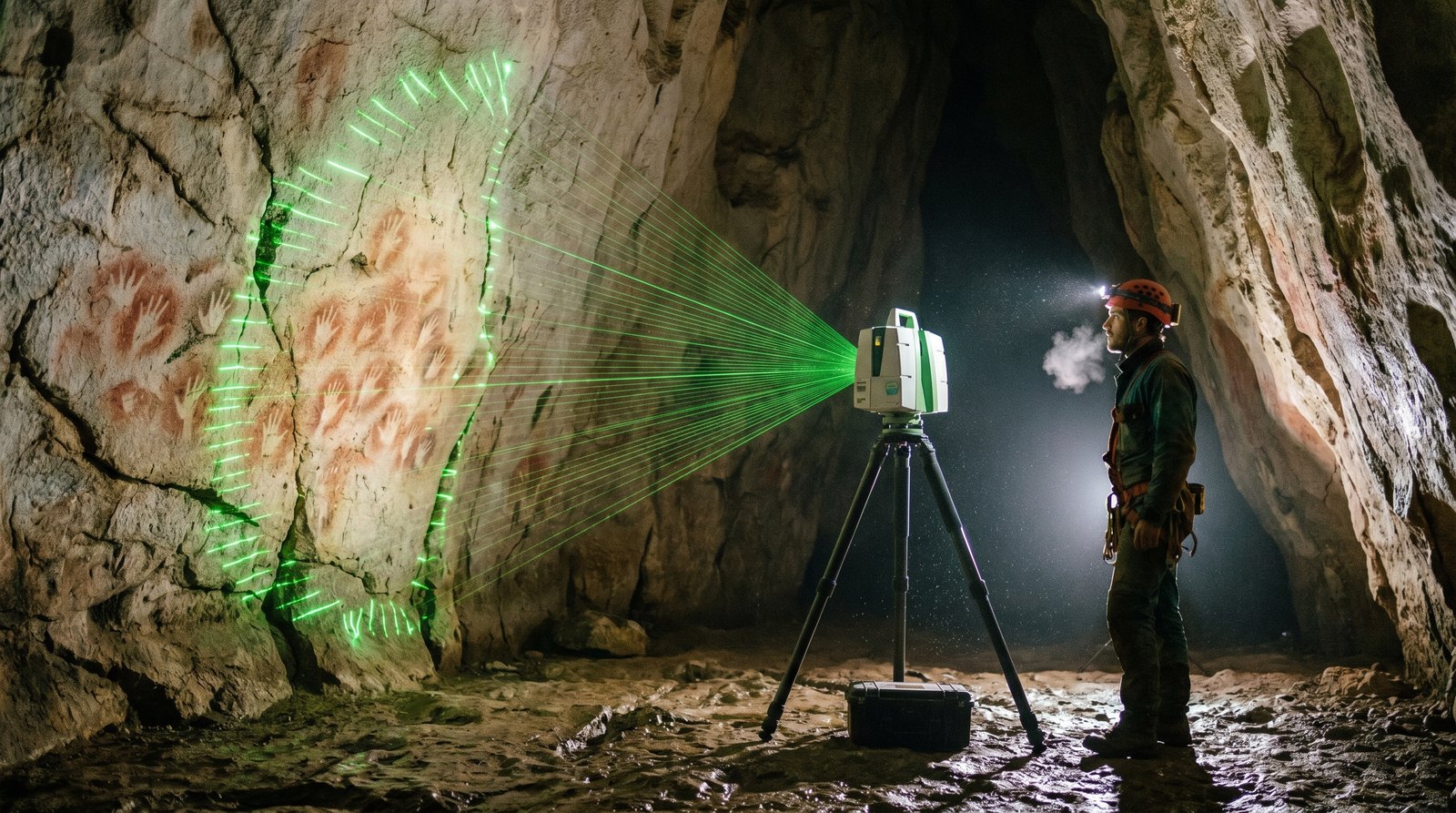 A terrestrial LiDAR scanner sweeping green laser light across a dark cave chamber