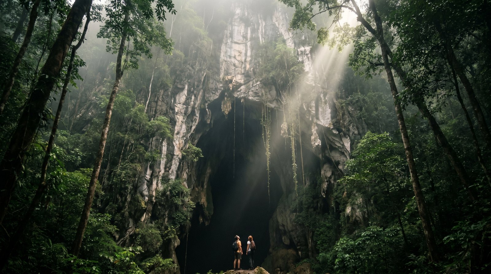 Two tiny explorers at the gaping mouth of an enormous unexplored cave in a towering karst cliff