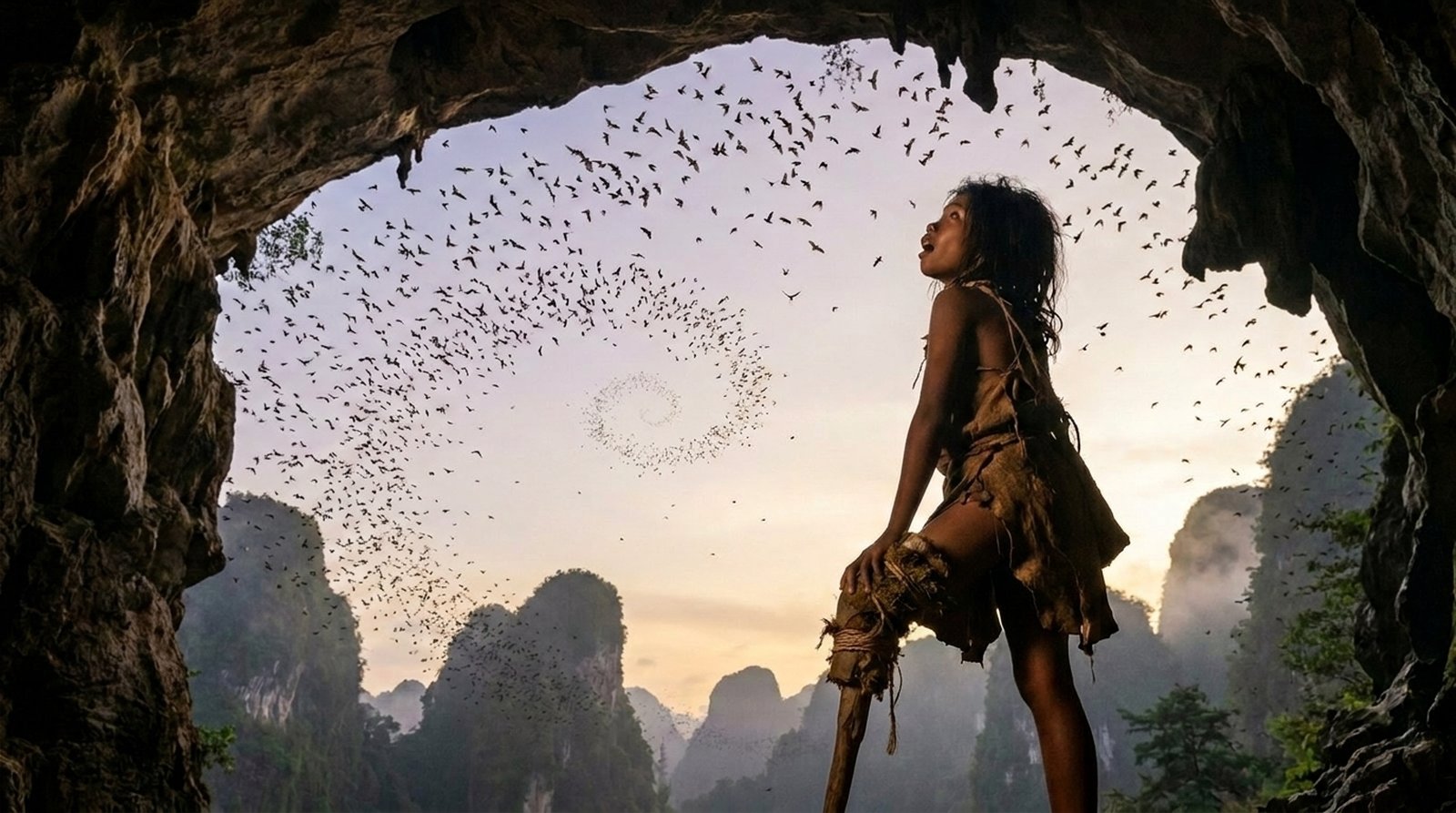 Tebo 1 watches millions of bats spiral from the cave at dusk