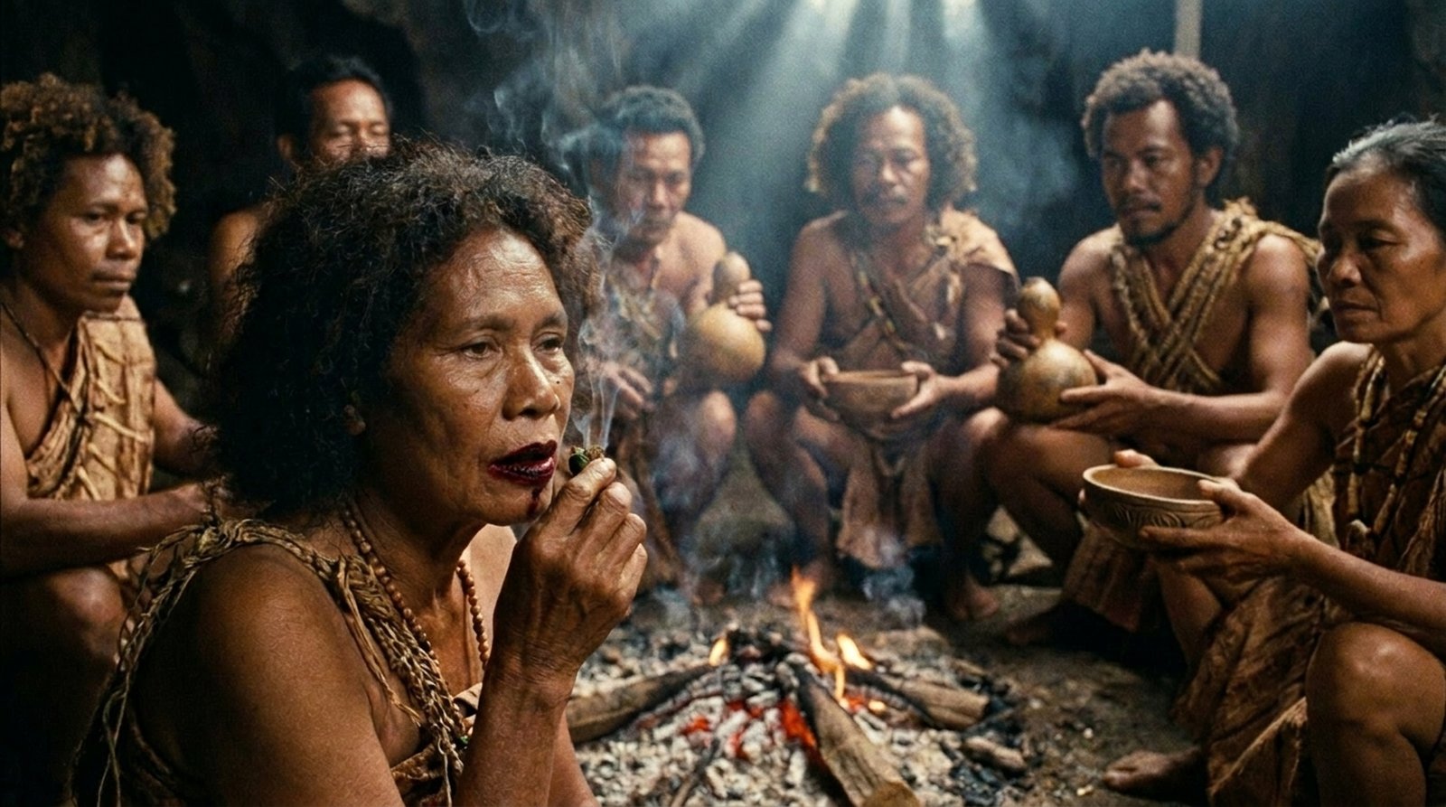 A mixed circle around a fire, an elder woman in an altered state