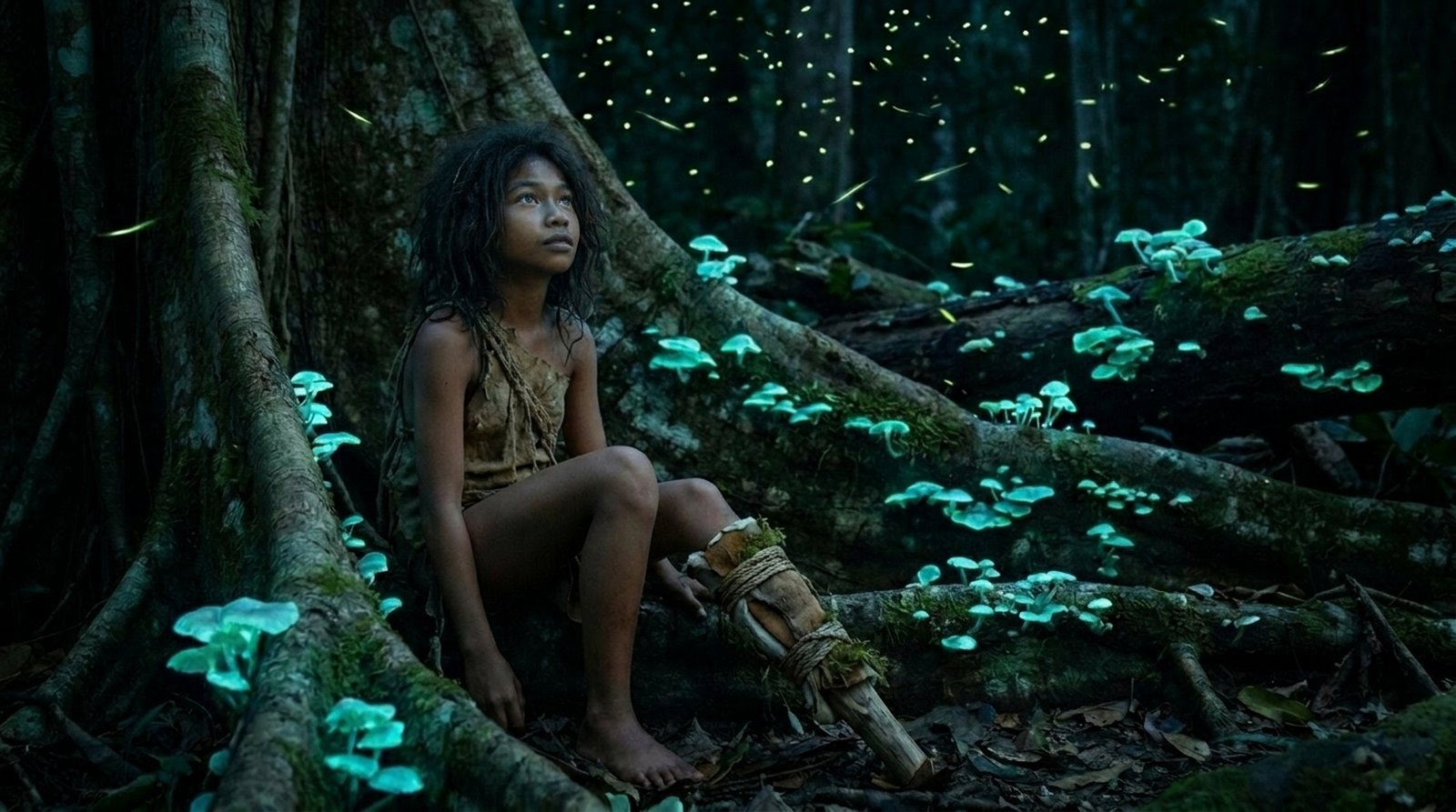 Tebo 1 amid glowing bioluminescent fungi and fireflies at night