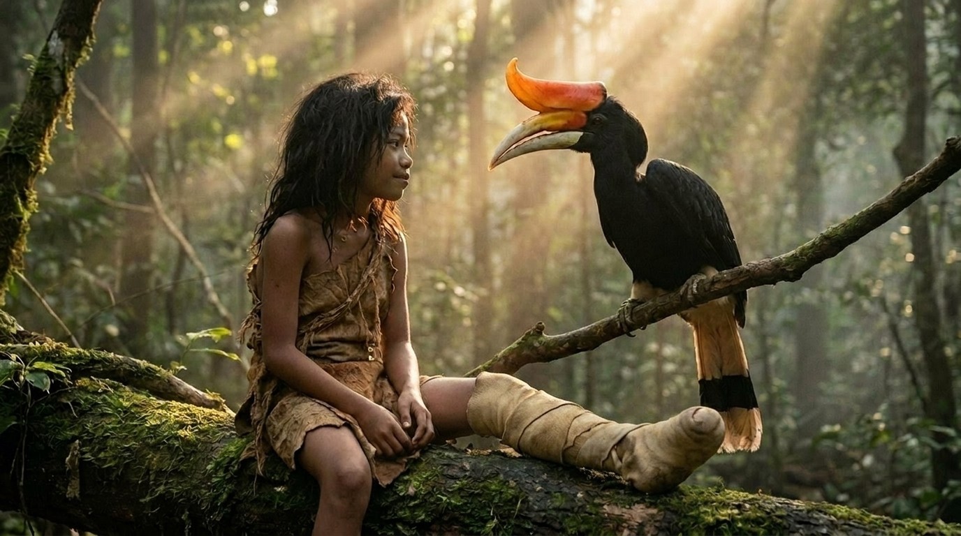 A rhinoceros hornbill regards Tebo 1 in the forest