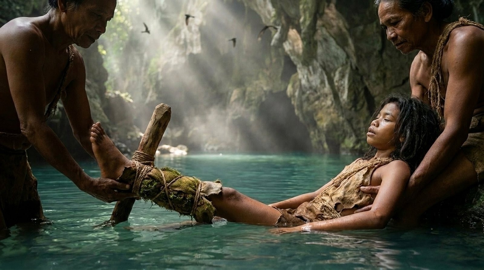 Tebo 1 lowered into the turquoise karst spring to heal