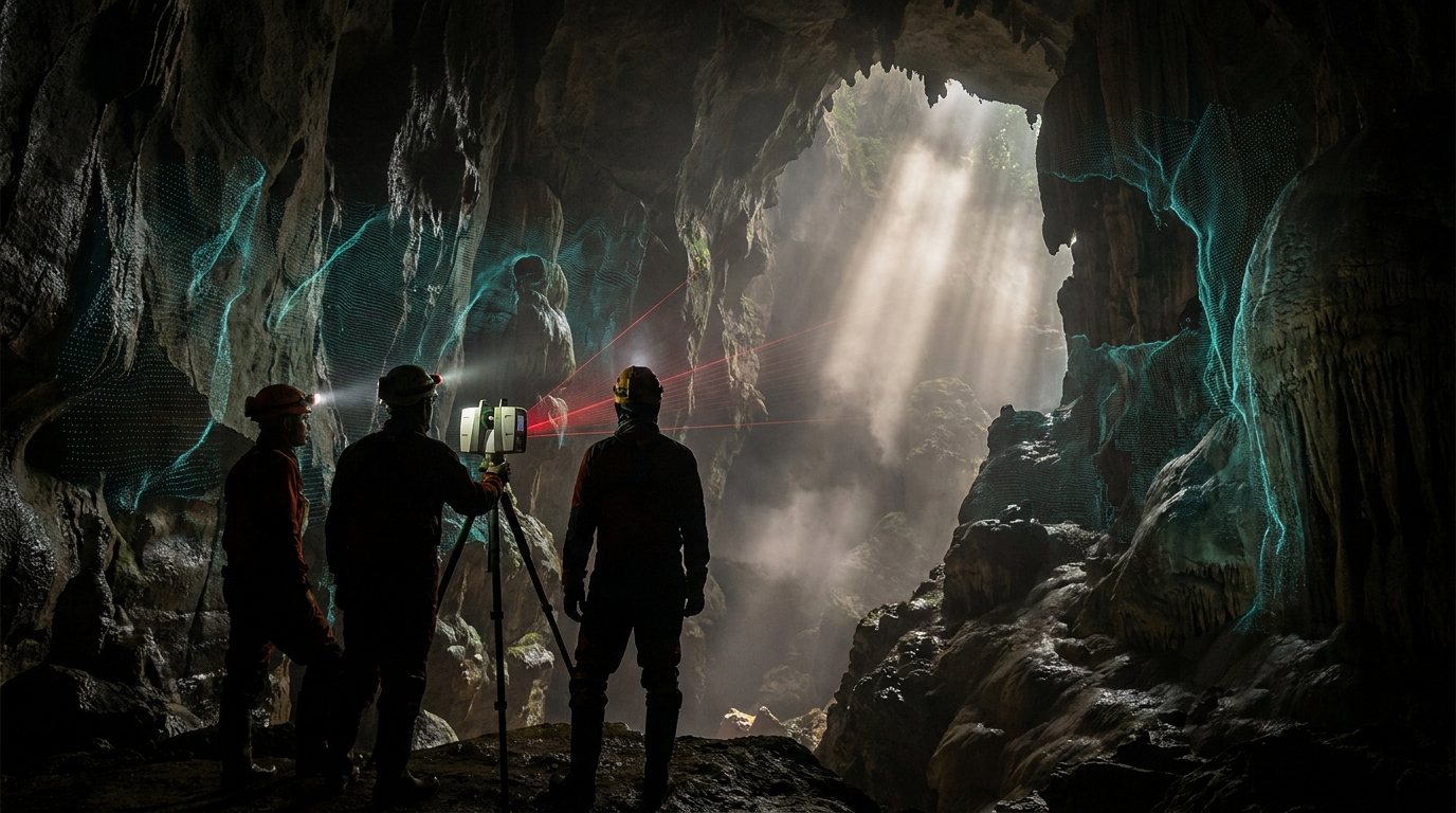 Explorers with headlamps operating a LiDAR scanner in a vast cave