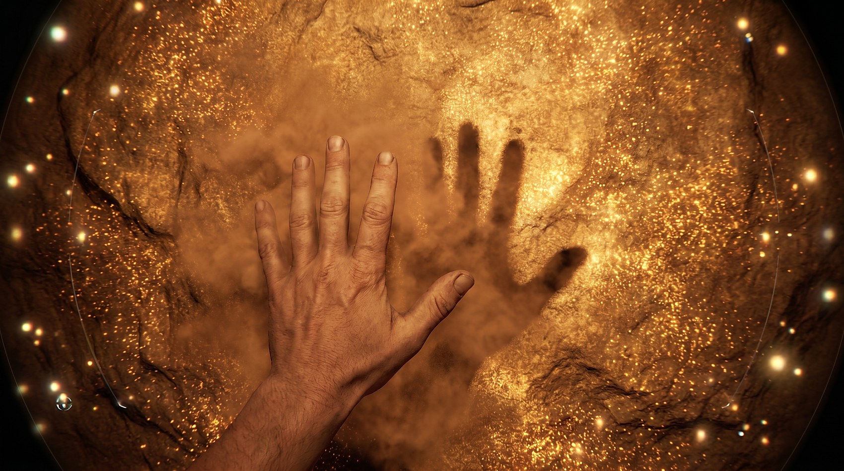 A hand pressed to a glowing cave wall in VR, leaving an ochre hand stencil beside it